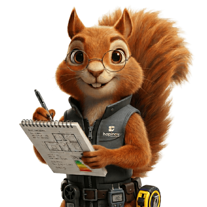 Hôpi, mascotte écureuil conseiller en rénovation énergétique Hapînov — diagnostic et aides MaPrimeRénov'